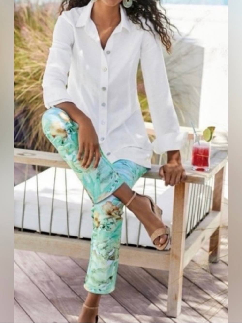 Soft Surroundings Mint Floral Cropped Pants